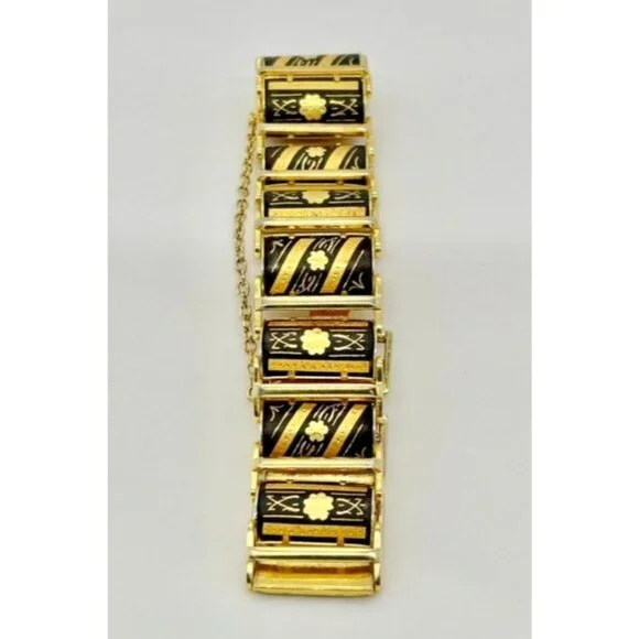 Vintage Damascene Links Bracelet Gold-Tone Metal with Etched Black Floral Motif~ - Picture 7 of 8